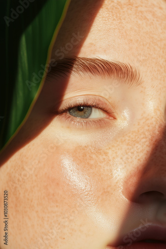 Portrait of a young woman outdoors surrounded by greenery in direct sunlight, highlighting the concept of skin care, sun protection, SPF, and natural beauty against the backdrop of aging