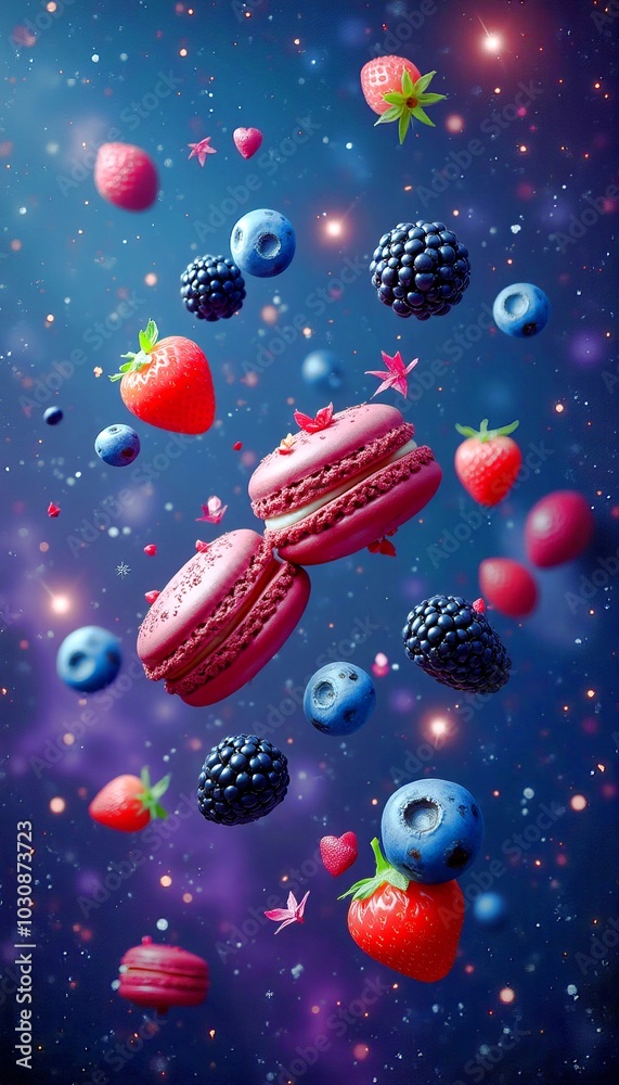 Colorful macaron cookies surrounded by fresh berries in a vibrant cosmic background Colorful macaron cookies surrounded by fresh berries in a vibrant cosmic background