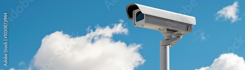 Surveillance camera on pole against a clear blue sky with clouds.