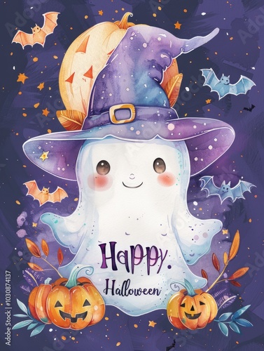 Cheerful cartoon ghost in a purple hat celebrates Halloween with pumpkins, bats, and a festive backdrop of stars and autumn colors photo