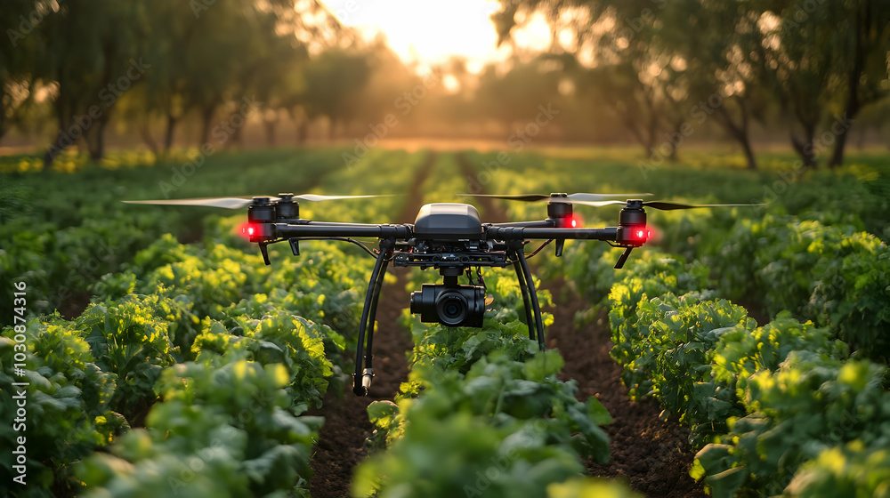 Drone surveying a lush green field at sunset. Drone surveying a lush green field at sunset.