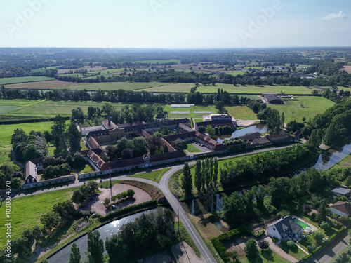 Aerial view of the Burgundy canal with Sept-Fons Abbey in Burgundy, France photo