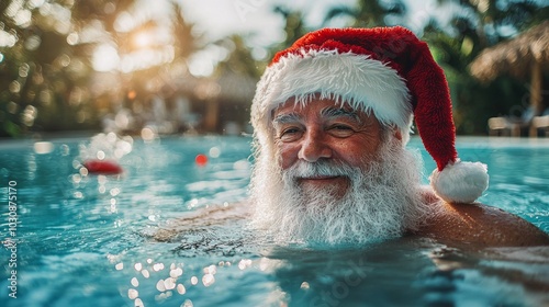 Santa Claus enjoys a festive swim in a tropical pool during a sunny holiday afternoon photo