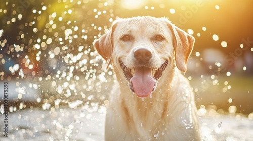 dog in water splashes. Thirsty dog on hot sunny weather 