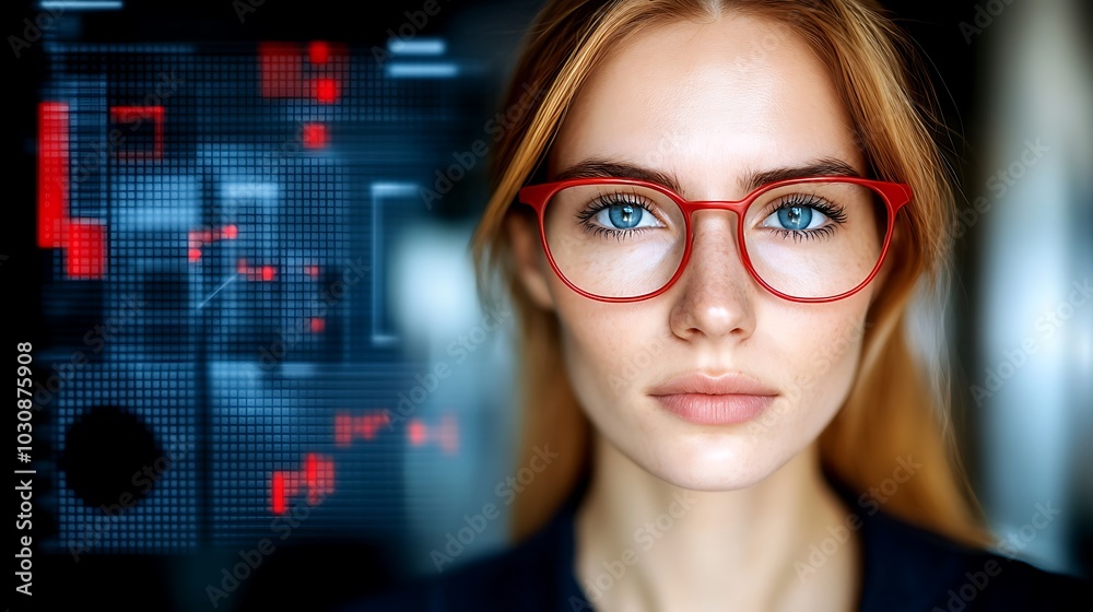 A young woman with blue eyes wearing red-rimmed glasses looks directly at the camera. A young woman with blue eyes wearing red-rimmed glasses looks directly at the camera.