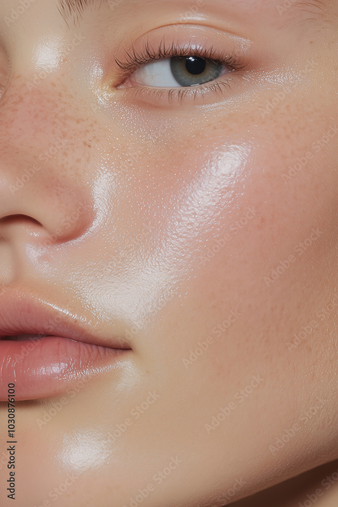 Close-up of fresh, healthy light skin of a young woman without makeup emphasizing skin care, hydration, sun protection, eye care, and natural beauty concepts Close-up of fresh, healthy light skin of a young woman without makeup emphasizing skin care, hydration, sun protection, eye care, and natural beauty concepts