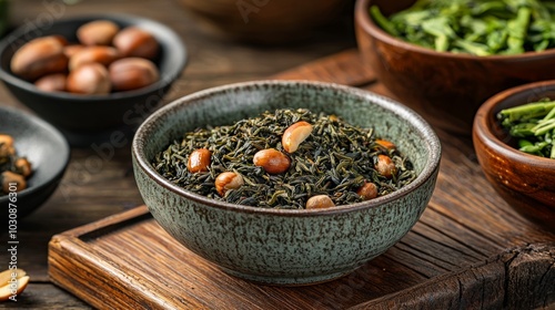 A traditional bowl of cooked green tea leaves garnished with peanuts, placed on a wooden surface alongside fresh green ingredients