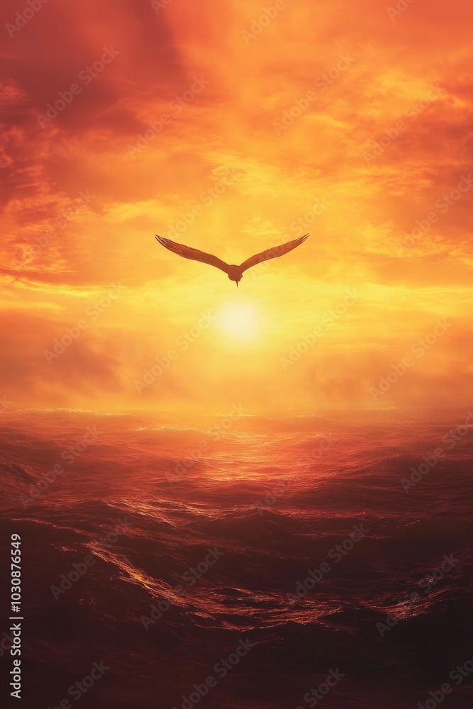 Naklejka premium Bird flying over ocean at sunset