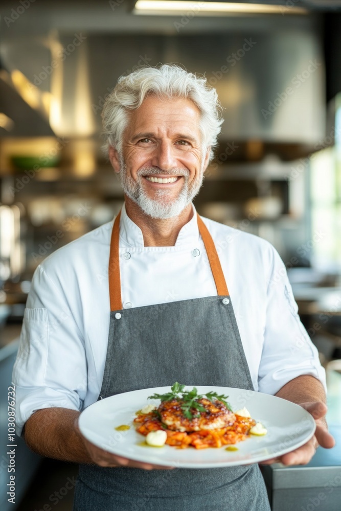 Happy chef presenting a delicious dish in a modern kitchen during daylight hours Happy chef presenting a delicious dish in a modern kitchen during daylight hours