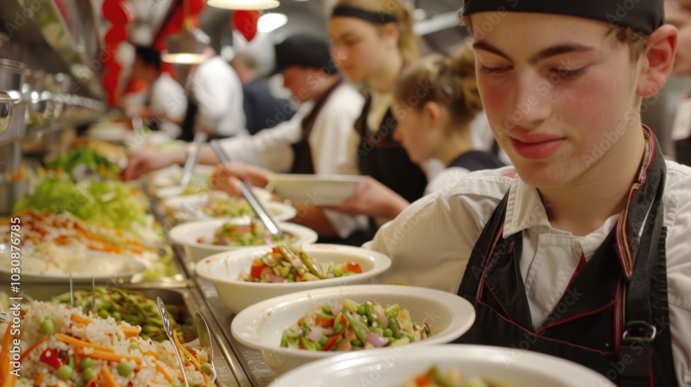Chef Serving Vegetable Salad in a Catering Line Chef Serving Vegetable Salad in a Catering Line