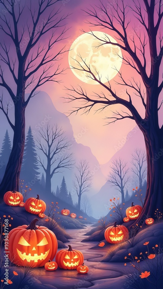 A path in the forest with ghosts, the moon and pumpkins on Halloween night with creepy lights, vertical A path in the forest with ghosts, the moon and pumpkins on Halloween night with creepy lights, vertical