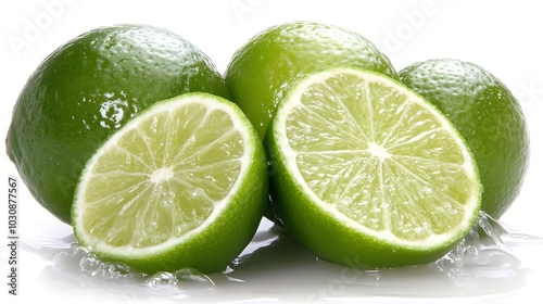 Fresh green limes, one sliced in half, on a white background.