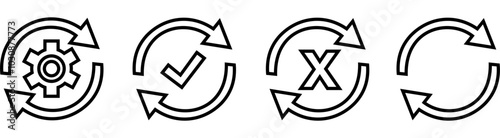 Sync process icon set. Sync processing icons. Circle arrow with gear wheel. Vector