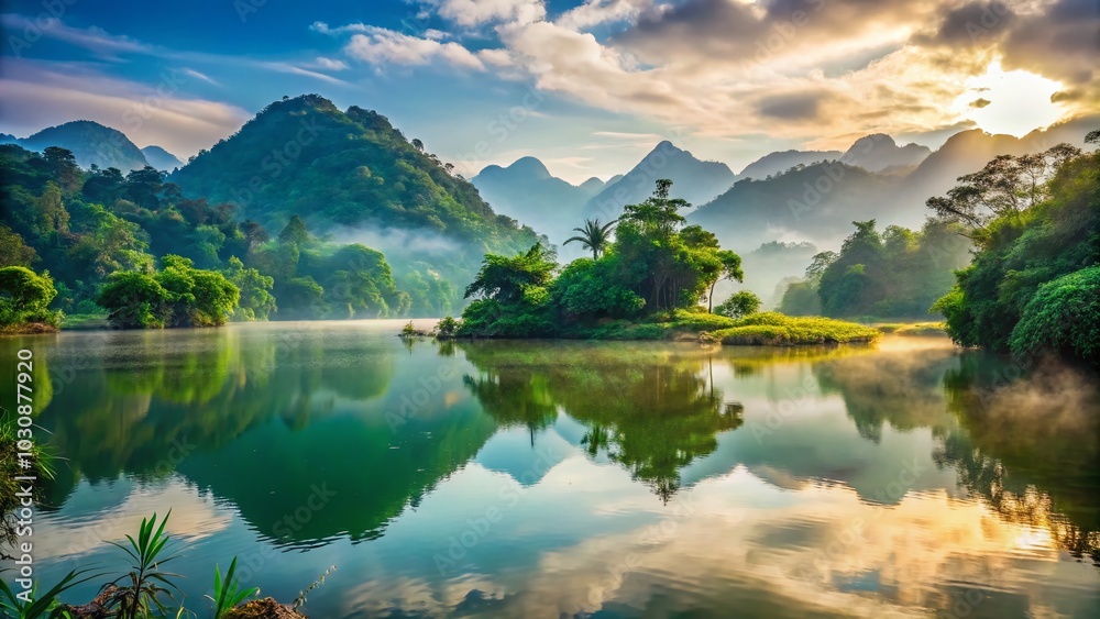 Fototapeta premium Serene Lake Landscape in Bao Loc City, Vietnam – Nature's Tranquility and Beauty