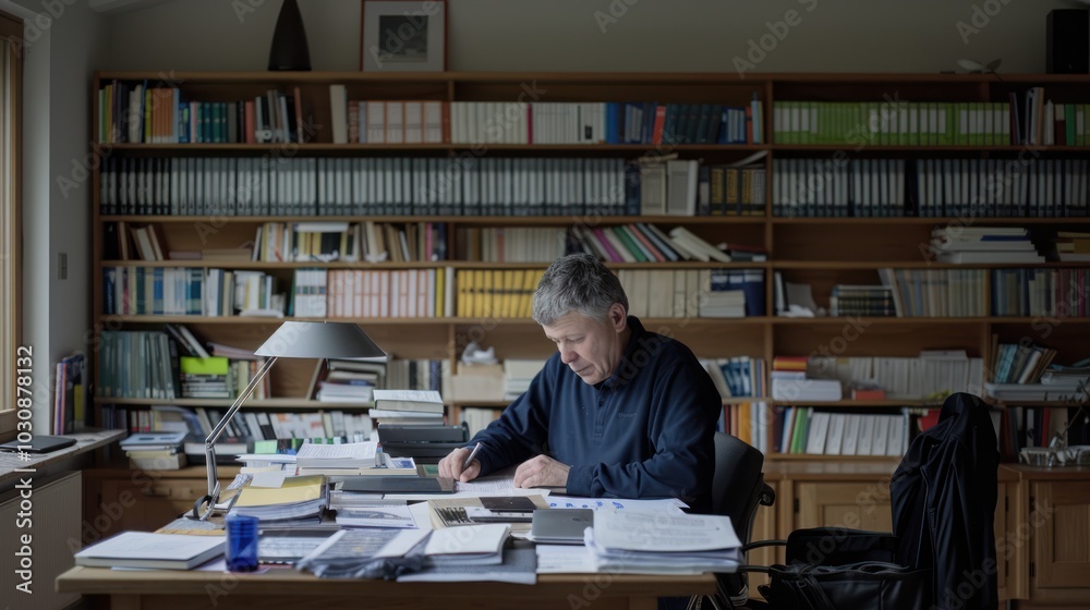 An Elderly Man Working at a Desk Surrounded by Books and Papers An Elderly Man Working at a Desk Surrounded by Books and Papers