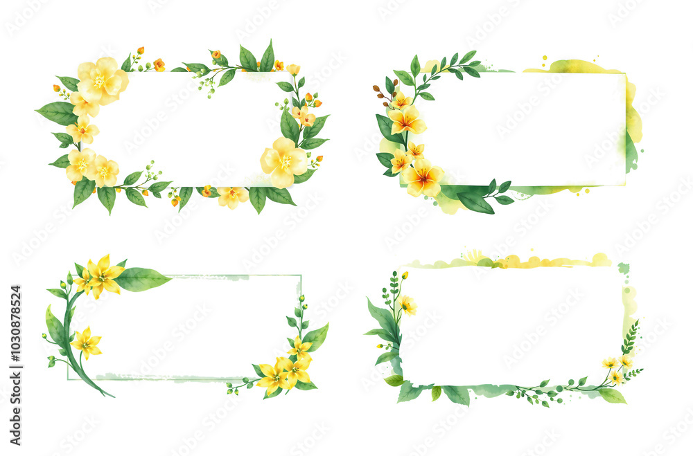 label set with green and deep yellow, elegant flowers and rubber plant leaves, on white background, stylized card, stylish brush strokes label set with green and deep yellow, elegant flowers and rubber plant leaves, on white background, stylized card, stylish brush strokes
