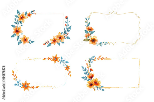 empty label with orange and blue, refined flowers and redwood leaves, paint style, brush stroke, white background