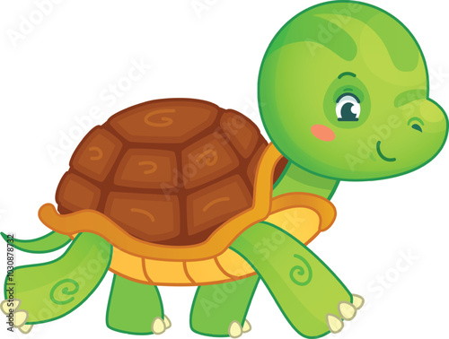 Cartoon illustration of a happy green turtle walking and winking, perfect for children books, educational materials, and any project that needs a touch of cuteness