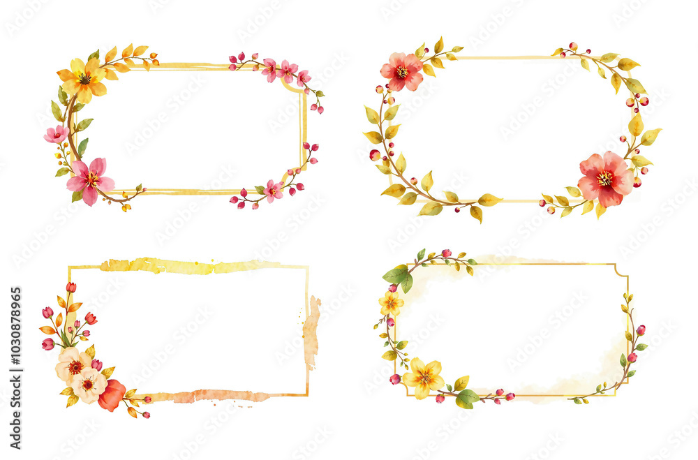 watercolor frames with yellow and ruby, delicate flowers and elm leaves, isolated on white background, brush stroke, stylized paint card watercolor frames with yellow and ruby, delicate flowers and elm leaves, isolated on white background, brush stroke, stylized paint card