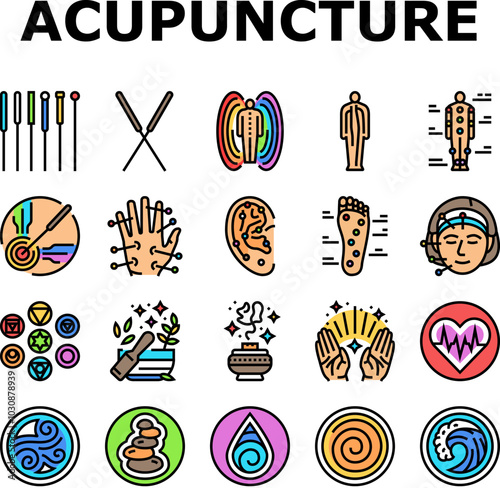 acupuncture massage therapy icons set vector. treatment medical, medicine spa, health chinese, alternative holistic, chiropractic acupuncture massage therapy color line illustrations