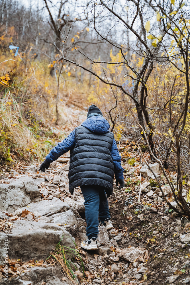 A person is leisurely walking up a rugged and rocky path that winds its way through the beautiful and serene woods, surrounded by natures tranquility and the soothing sounds of the forest A person is leisurely walking up a rugged and rocky path that winds its way through the beautiful and serene woods, surrounded by natures tranquility and the soothing sounds of the forest