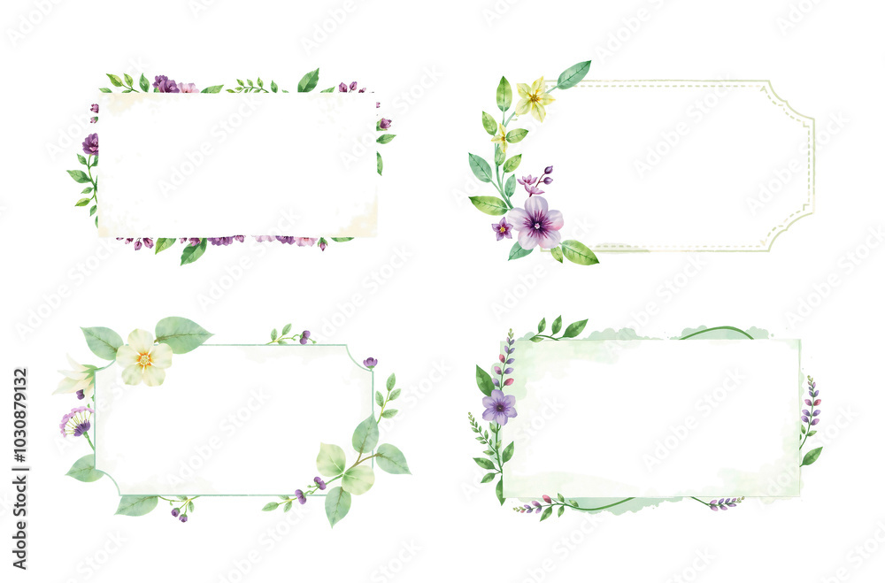 watercolor labels with light green and deep purple, refined flowers and kentia palm leaves, painted style, simple brush strokes, on white background watercolor labels with light green and deep purple, refined flowers and kentia palm leaves, painted style, simple brush strokes, on white background