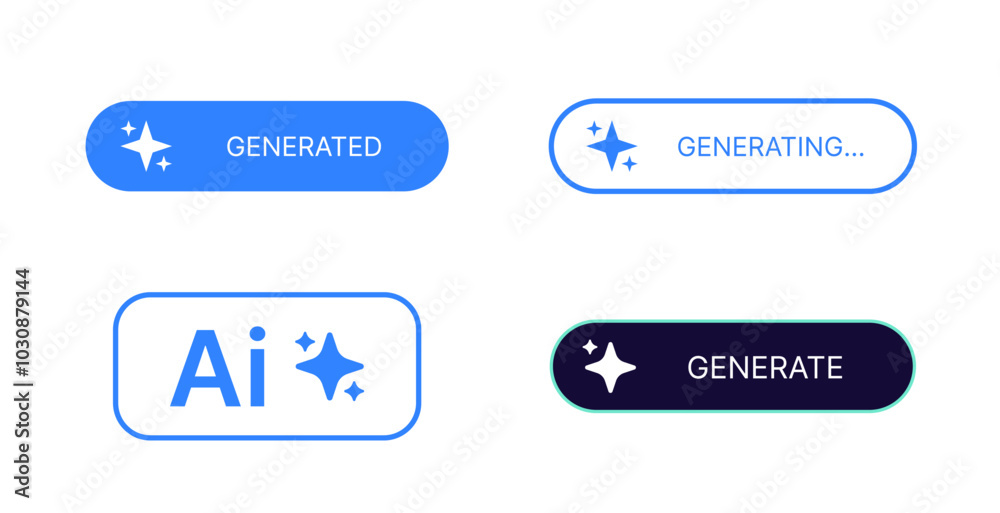 Set of AI generated button for artificial intelligence generating app. Artificial intelligence generate button for web application or AI generation online tool UI Set of AI generated button for artificial intelligence generating app. Artificial intelligence generate button for web application or AI generation online tool UI