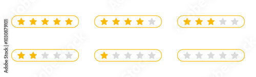 Rating stars set. Feedback evaluation. Customer review. User reviews with five stars ranking. Level of satisfaction. Vector illustration.