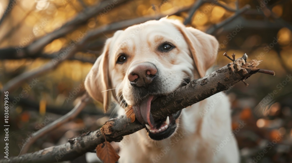 Golden Retriever Puppy Playing with Stick in Park Golden Retriever Puppy Playing with Stick in Park