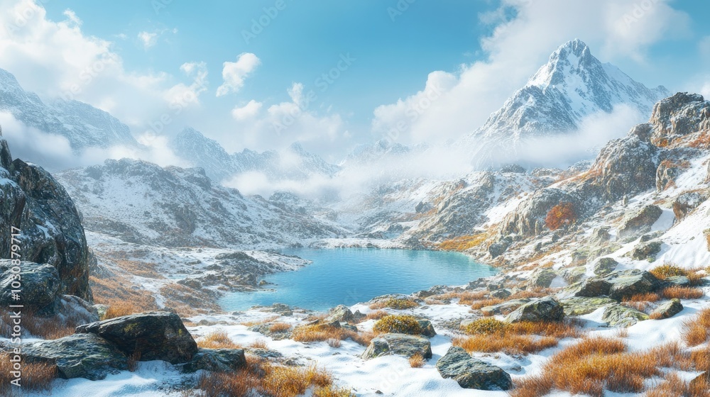 Obraz premium mountain range with snow-white peaks in far away in low clouds