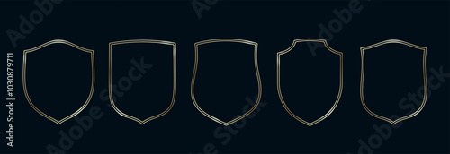 Golden Shield Arch Frames Set. Thin Line Gold Borders Luxury Minimalist Collection. Premium Vector Brass Outline Geometric Rectangles. Linear Decorative Banners with Black Background Isolated