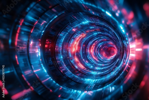 Red and Blue Neon Geometric Tunnel with Glow