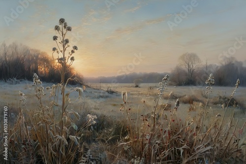 A wildflower field landscape. A serene scene of a field filled. The flowers in muted tones, the natural colors of the field.