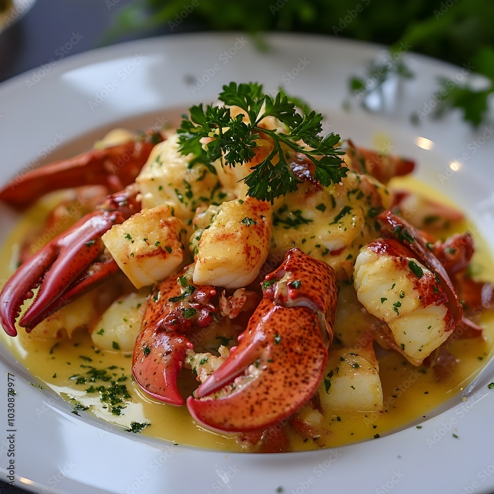 Gourmet Lobster Pasta Dish on Plate with Garnish