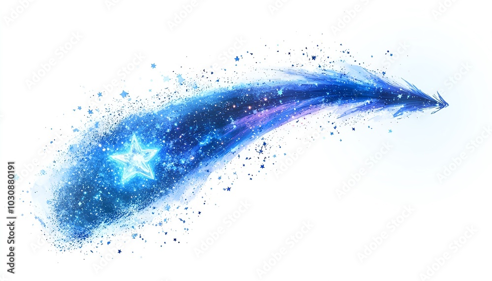 A vibrant blue comet streaking across a clear sky, leaving a trail of sparkling stars and celestial magic.