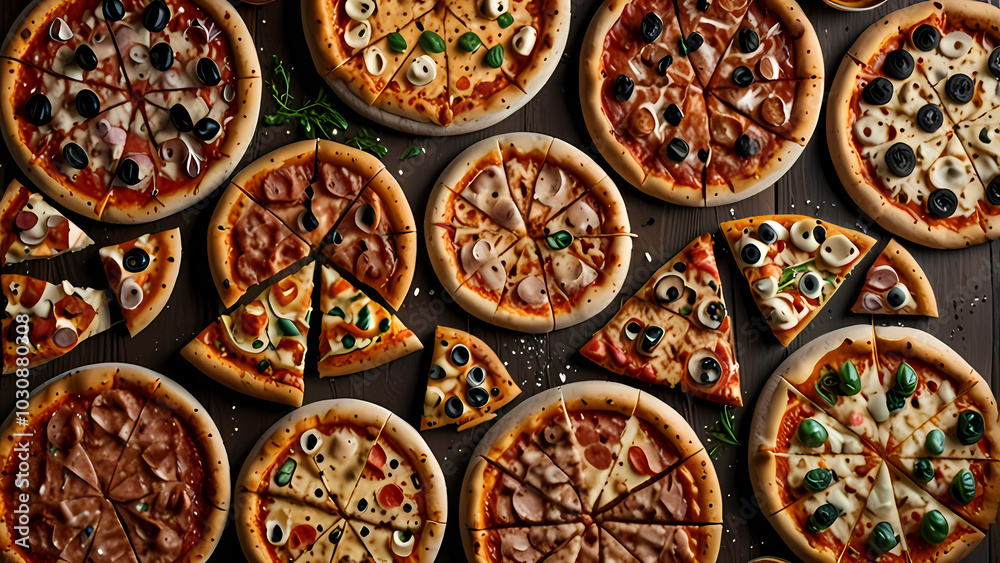 Kinds of pizza on a wooden table seen from above Kinds of pizza on a wooden table seen from above