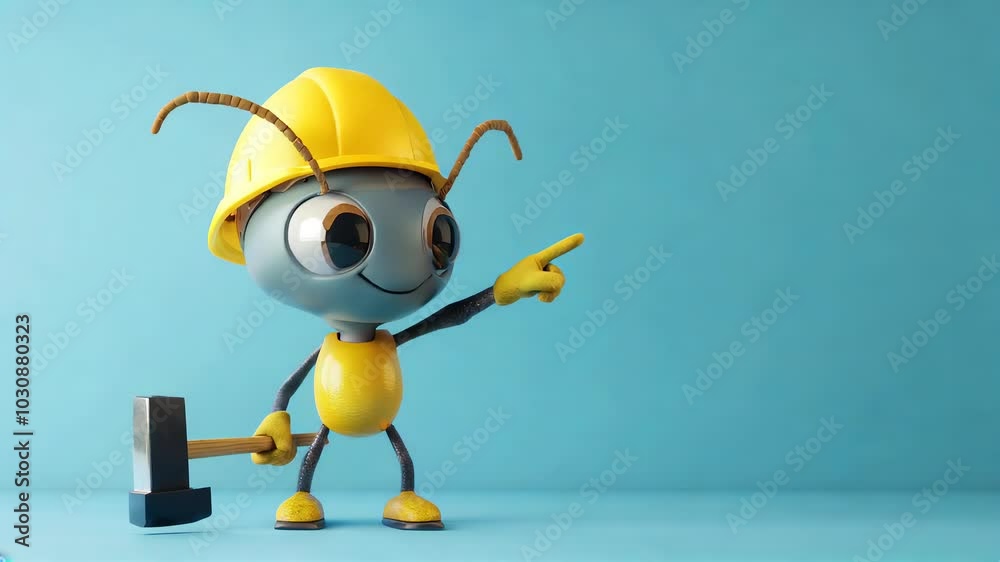 3D animated ant character wearing a construction helmet and holding a hammer while pointing. Concept of construction work and teamwork in a playful style.