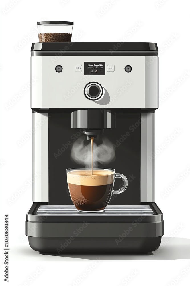 Modern coffee machine brewing an aromatic cup of espresso with steam rising, perfect for cozy mornings or coffee lovers. Modern coffee machine brewing an aromatic cup of espresso with steam rising, perfect for cozy mornings or coffee lovers.