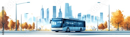 A modern city bus travels through an urban landscape with skyscrapers and autumn trees, symbolizing urban transportation.