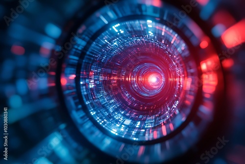 Red and Blue Sci-Fi Tunnel with Geometric Bokeh Lights