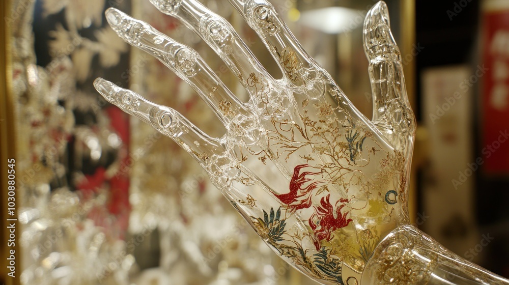 Glass Hand with Intricate Gold Leaf Design Glass Hand with Intricate Gold Leaf Design