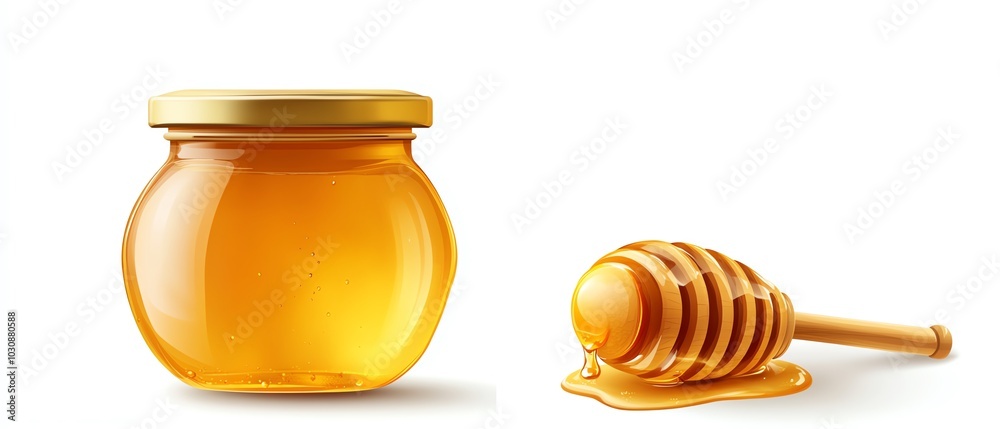 Golden honey in a jar with a wooden dipper on a white background, perfect for culinary, health, or wellness concepts. Golden honey in a jar with a wooden dipper on a white background, perfect for culinary, health, or wellness concepts.