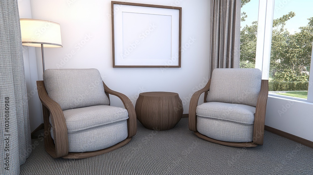 Fototapeta premium Cozy modern living space featuring elegant cream armchairs and a warm coffee table with cups in a minimalist design setting