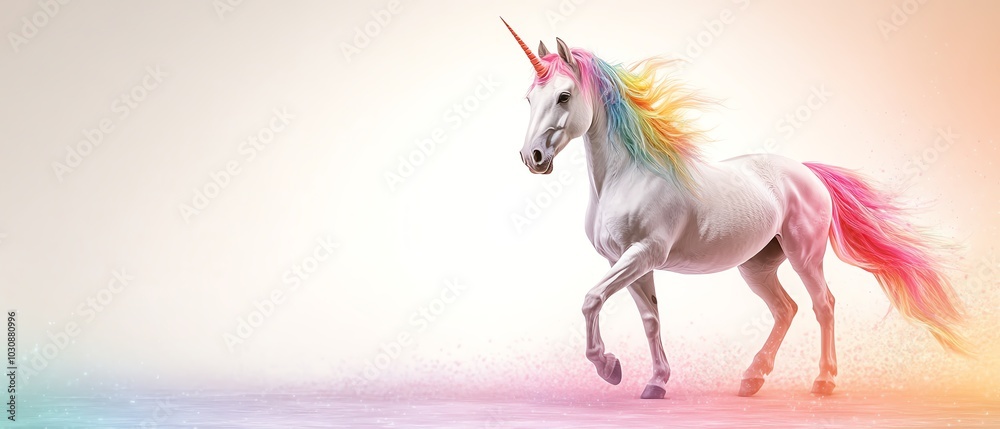 A magical unicorn with a rainbow mane gracefully trotting against a soft pastel background, embodying fantasy and wonder.