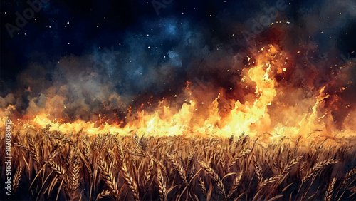 Burning Wheat Field Night Landscape Watercolor Background Illustration Featuring Dramatic Scene Fiery Flames Dark Skies Agricultural Setting and Intense Atmosphere