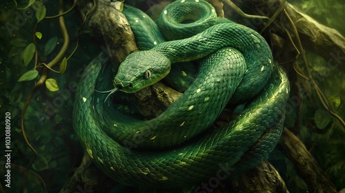 Green snake with intricate scales rests on a branch in a lush jungle, creating a mesmerizing scene with captivating textures