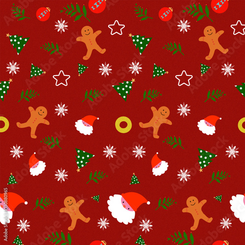 A festive pattern with gingerbread men, Christmas trees, Santa hats, and snowflakes on a red background, perfect for holiday-themed designs.