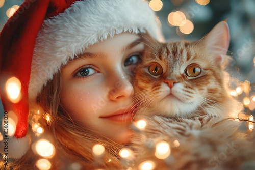 A heartwarming Christmas scene of a young girl wearing a Santa hat, gently holding her cat in front of glowing holiday lights. The cozy and festive atmosphere perfectly captures the essence Christmas photo