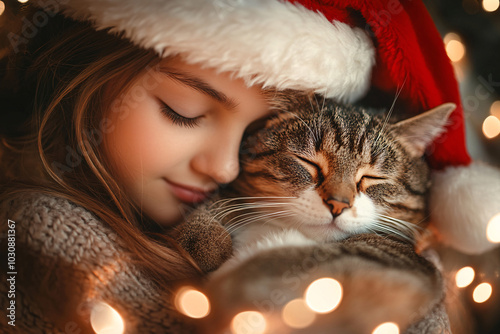 A heartwarming Christmas scene of a young girl wearing a Santa hat, gently holding her cat in front of glowing holiday lights. The cozy and festive atmosphere perfectly captures the essence Christmas photo