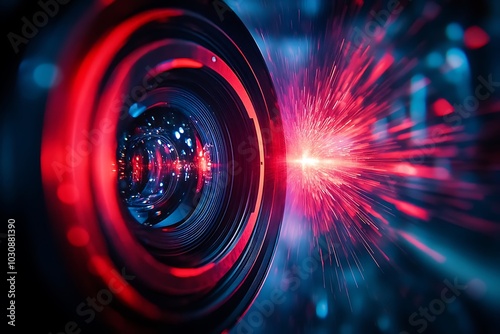 Vibrant Camera Lens Bokeh with Red and Blue Light Burst